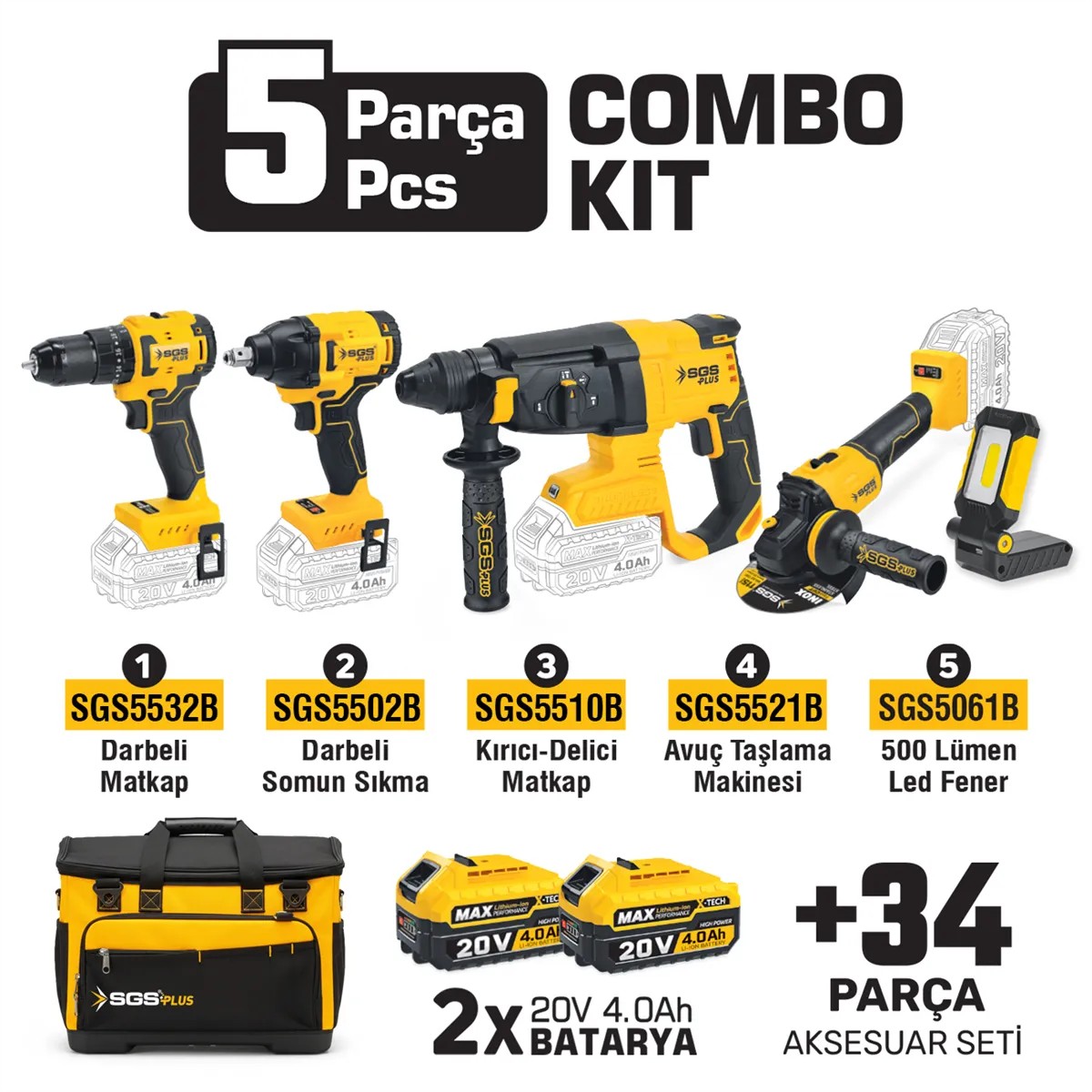 COMBO SET 5 PARÇA (Darbeli Matkap/Kırıcı-Delici Matkap/Avuç Taslama Makinesi/Darbeli Somun Sıkma/Led Fener)